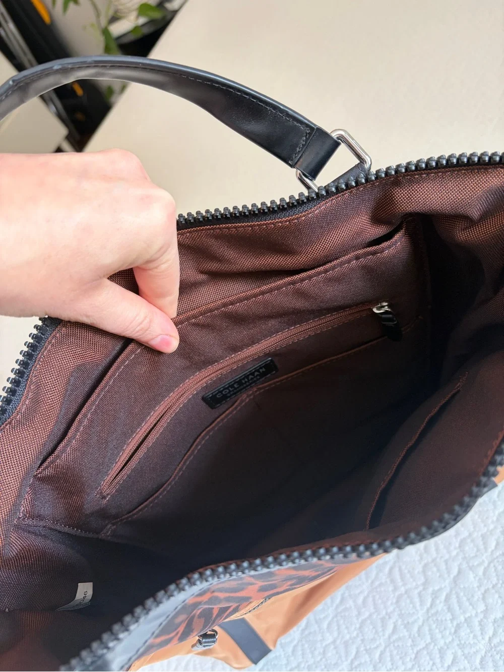Cole Haan Brown Tote Backpack with Leopard Accent and Black Trim